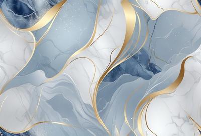 The primary subject of the image is a marble-like pattern with gold accents. The setting is a blue and white background, which adds to the overall visual style. The image appears to be a digital art or illustration, showcasing the intricate design of the marble pattern. The dominant colors are blue, white, and gold, creating a sense of elegance and sophistication.