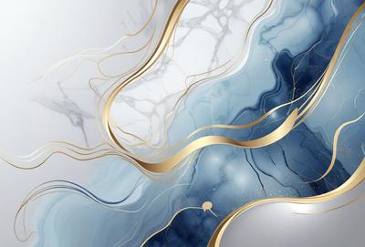 The primary subject of the image is a gold and blue marble design. The setting is a white marble surface, which serves as the background. The visual style is a combination of digital art and illustration, creating a unique and artistic representation of the marble design. The dominant colors are gold and blue, giving the image a luxurious and elegant appearance.