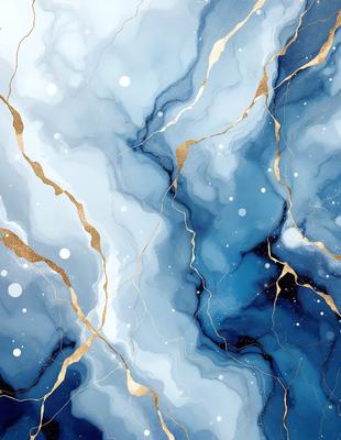 The primary subject of the image is a blue and white marbled wall with gold accents. The setting is a room with a blue and white marbled wall as the main focus. The visual style is a combination of digital art and illustration, creating a unique and artistic appearance. The dominant colors are blue, white, and gold, giving the scene a sophisticated and elegant atmosphere.