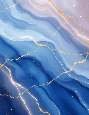 The primary subject of the image is a blue and gold swirling pattern, which appears to be a digital art or illustration. The setting is a blue and gold background, and the visual style is a combination of digital art and illustration. The dominant colors in the image are blue and gold, creating a vibrant and luminous atmosphere.