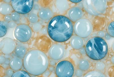 The primary subject of the image is a collection of blue and yellow glass balls. The setting is a white background, and the visual style appears to be a photo. The dominant colors are blue and yellow, creating a vibrant and lively atmosphere.
