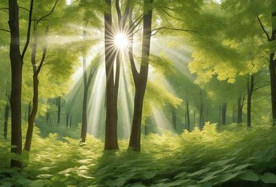 The primary subject of the image is a sunlight shining through the trees in a forest. The setting is a lush green forest with many trees, creating a serene and natural atmosphere. The visual style is a combination of photo and digital art, as the sunlight and trees are depicted in a realistic manner, while the overall composition and lighting suggest a digital artwork. The colors and mood are predominantly green, with the sunlight creating a warm and inviting ambiance.