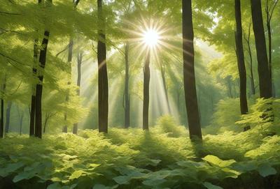 The primary subject of the image is a sunlight shining through the trees in a forest. The setting is a lush green forest with many trees, creating a serene and natural atmosphere. The visual style is a photo, capturing the beauty of the sunlight filtering through the trees. The colors and mood are predominantly green, with the sunlight creating a warm and inviting ambiance.