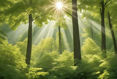 The primary subject of the image is a lush green forest filled with trees and sunlight. The setting is a serene, natural environment with sunlight streaming through the trees, creating a bright and inviting atmosphere. The visual style is a combination of photo and digital art, creating a realistic yet artistic representation of the forest. The colors and mood are predominantly green, with the sunlight adding a warm and vibrant touch to the scene.