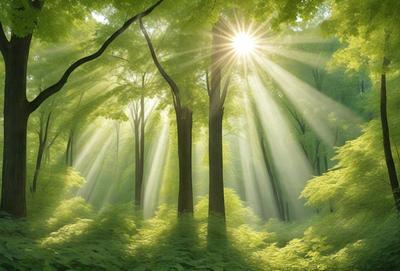 The primary subject of the image is a forest filled with trees and sunlight. The setting is a lush green forest with sunlight streaming through the trees, creating a serene and peaceful atmosphere. The visual style is a combination of photo and digital art, as the sunlight and trees are depicted in a realistic manner, while the overall composition and lighting suggest a digital artwork. The colors and mood are predominantly green, with the sunlight adding a warm and inviting touch to the scene.