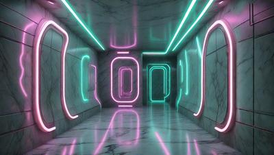 The primary subject of the image is a hallway with a marble floor. The setting is a futuristic environment, possibly a space station or a futuristic building. The visual style is a combination of photo and digital art, creating a unique and intriguing atmosphere. The colors and mood are predominantly pink and green, giving the scene a vibrant and lively feel.