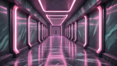 The primary subject of the image is a long, narrow hallway with a pink glow. The setting is a dark room with a marble floor, and the visual style appears to be a combination of a photo and digital art. The colors and mood of the image are predominantly pink, creating a warm and inviting atmosphere.