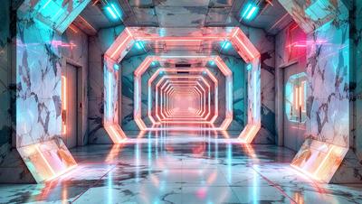 The primary subject of the image is a long, narrow hallway with a blue and pink lighting effect. The setting is a futuristic, industrial environment, and the visual style is a combination of digital art and illustration. The dominant colors are blue and pink, creating a vibrant and energetic atmosphere.