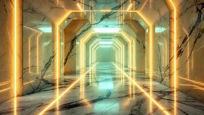 The primary subject of the image is a long, narrow hallway with a marble floor. The setting is a modern, well-lit space, possibly a museum or an art gallery. The visual style is a combination of a photo and digital art, creating a unique and captivating atmosphere. The colors and mood are predominantly green, with the lighting and marble surfaces contributing to a sense of calmness and sophistication.