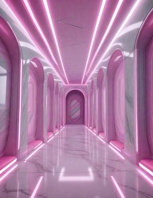 The primary subject of the image is a long, narrow hallway with a pink lighting effect. The setting is a white marble hallway, and the visual style appears to be a combination of photo and digital art. The colors and mood of the image are predominantly pink, creating a warm and inviting atmosphere.