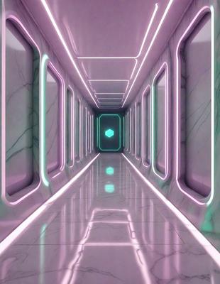 The primary subject of the image is a long, narrow hallway with a pink and purple color scheme. The setting is a futuristic environment, possibly a space station or a futuristic building. The visual style is a combination of digital art and illustration, creating a unique and captivating atmosphere. The dominant colors are pink and purple, giving the hallway a vibrant and lively appearance.