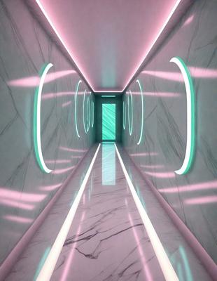 The primary subject of the image is a long, narrow hallway with a marble floor. The setting is a futuristic, high-tech environment, possibly a space station or a futuristic building. The visual style is a combination of photo and digital art, creating a unique and intriguing atmosphere. The colors and mood are predominantly pink and green, giving the scene a futuristic and vibrant feel.