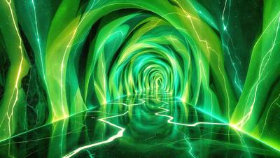 The primary subject of the image is a tunnel with a green light illuminating it. The tunnel appears to be made of glass, and the light creates a vibrant and lively atmosphere. The setting is a futuristic environment, with the tunnel being the main focus of the scene. The visual style is a combination of digital art and illustration, creating a unique and captivating image. The dominant colors are green and blue, with the green light illuminating the tunnel and the blue light creating a contrasting effect.