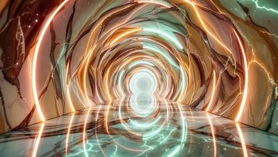 The primary subject of the image is a tunnel with a brightly lit interior. The setting is a futuristic environment, possibly a space station or a subterranean structure. The visual style is a combination of digital art and illustration, creating a vibrant and dynamic scene. The colors and mood are predominantly bright and energetic, with a sense of movement and excitement.