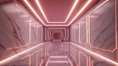 The primary subject of the image is a long, narrow hallway with a pink lighting effect. The setting is a marble-lined hallway, and the visual style appears to be a combination of photo and digital art. The colors and mood of the image are predominantly pink, creating a warm and inviting atmosphere.