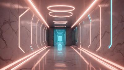 The primary subject of the image is a long, narrow hallway with a marble floor. The setting is a modern, futuristic environment, possibly a space station or a high-tech building. The visual style is a combination of photo and digital art, creating a unique and captivating atmosphere. The colors and mood are predominantly blue and pink, giving the scene a sense of sophistication and elegance.