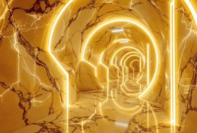 The primary subject of the image is a long, narrow hallway with a yellow color scheme. The hallway is illuminated by a series of lights, creating a bright and inviting atmosphere. The setting is a marble-lined tunnel, giving the space a luxurious and elegant appearance. The visual style of the image is a combination of photo and digital art, creating a unique and visually appealing scene. The colors and mood of the image are predominantly yellow, which adds warmth and energy to the space.