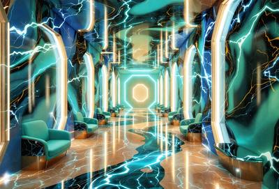 The primary subject of the image is a futuristic room with a blue and white color scheme. The room features a large circular window, and there are several chairs and benches placed throughout the space. The setting appears to be a futuristic lobby or waiting area, with a modern and sleek design. The visual style of the image is a combination of digital art and illustration, creating a unique and captivating atmosphere. The dominant colors in the scene are blue and white, which contribute to the futuristic and