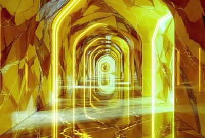 The primary subject of the image is a long, narrow, and brightly lit tunnel. The setting is a futuristic, underground environment with a yellowish hue. The visual style is a combination of photo and digital art, creating a unique and captivating atmosphere. The dominant colors are yellow and green, giving the scene a vibrant and luminous appearance.