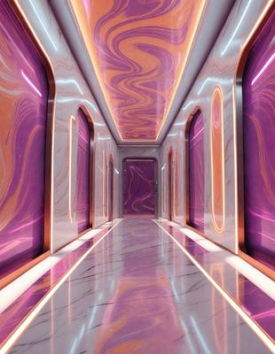 The primary subject of the image is a long, narrow hallway with a purple and pink color scheme. The setting is a futuristic, modern environment, likely in a building or a space station. The visual style is a combination of digital art and illustration, creating a unique and captivating atmosphere. The dominant colors are purple and pink, which give the hallway a vibrant and lively appearance.