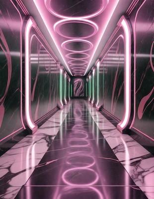 The primary subject of the image is a long, narrow hallway with a pink and green color scheme. The hallway is illuminated by neon lights, giving it a futuristic and vibrant appearance. The setting is a marble-lined corridor, which adds to the luxurious and sophisticated atmosphere. The visual style of the image is a combination of photo and digital art, creating a unique and captivating scene. The dominant colors in the image are pink and green, which e