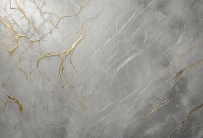 The primary subject of the image is a large, grey marble wall with a pattern of gold veins running through it. The setting is a room with a grey marble floor, and the visual style is a close-up of the marble wall. The colors and mood of the image are predominantly grey and neutral, with the gold veins adding a touch of warmth and sophistication to the overall atmosphere.