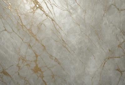 The primary subject of the image is a marble wall with a metallic finish. The setting is a room with a white background. The visual style is a close-up of the marble wall, showcasing its texture and design. The colors and mood of the image are predominantly silver and white, giving it a clean and elegant appearance.