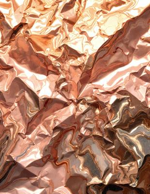 The primary subject of the image is a close-up of a piece of copper foil, which is the main object in the scene. The setting is a copper-colored surface, possibly a piece of copper foil or a copper-colored wall. The visual style of the image is a close-up of the copper foil, showcasing its texture and color. The dominant colors in the image are copper and gold, creating a warm and metallic atmosphere.