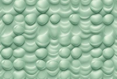 The primary subject of the image is a green wall with a pattern of round, white, and green balls. The setting is a room with a green background, and the visual style is a close-up of the wall. The colors and mood of the image are predominantly green, with a slightly muted and calming atmosphere.