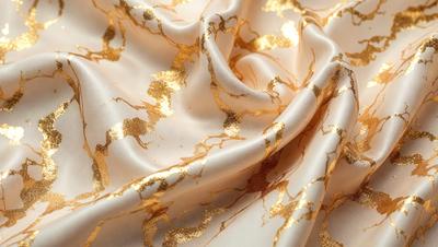 The primary subject of the image is a gold and white fabric, which is the main object, scene, or focus of the image. The setting is a close-up view of the fabric, showcasing its intricate design and texture. The visual style is a detailed, up-close representation of the fabric, which gives it a realistic and textured appearance. The colors and mood of the image are predominantly gold and white, creating a warm and elegant atmosphere.