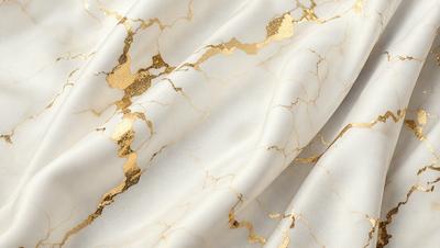 The primary subject of the image is a white sheet with gold patterns on it. The sheet is draped over a surface, possibly a table or a chair. The visual style of the image is a combination of a photo and digital art, as it appears to be a close-up of the sheet with a gold pattern. The colors and mood of the image are predominantly white and gold, giving it a luxurious and elegant appearance.