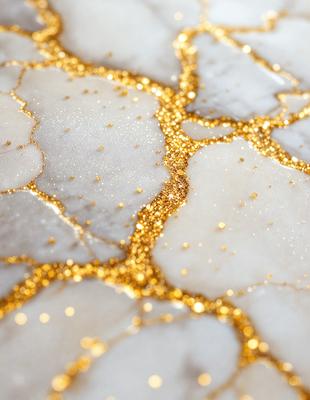 The primary subject of the image is a marble-like surface with gold speckles. The setting is a white marble-like surface, and the visual style appears to be a combination of a photo and digital art. The colors and mood of the image are predominantly white and gold, creating a luxurious and elegant atmosphere.
