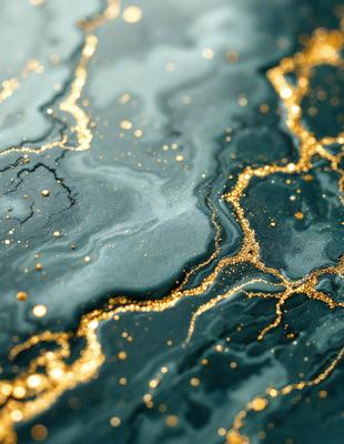 The primary subject of the image is a close-up of a blue and gold surface, possibly a marble or granite countertop. The setting is a dark blue background, which contrasts with the gold and blue colors of the surface. The visual style appears to be a combination of a photo and digital art, as the gold and blue colors are vibrant and the surface appears to be textured. The overall atmosphere of the image is elegant and luxurious, with the gold and blue colors evoking a sense of sophistic