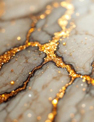 The primary subject of the image is a close-up of a marble surface with gold glitter. The setting is a marble countertop, and the visual style is a photo. The dominant colors are gold and white, creating a luxurious and elegant atmosphere.