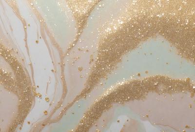 The primary subject of the image is a close-up of a gold glittery substance, possibly a glittery paint or a glittery substance on a surface. The setting is a white background, which provides a clean and uncluttered look. The visual style is a close-up, which emphasizes the glittery substance and its texture. The colors and mood of the image are predominantly gold and glittery, creating a warm and shiny atmosphere.