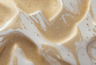 The primary subject of the image is a close-up of a sandy surface with gold specks. The setting is a beach, and the visual style is a photo. The dominant colors are gold and beige, creating a warm and natural atmosphere.