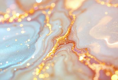 The primary subject of the image is a close-up of a marbled surface with gold glitter. The setting is a marbled surface, and the visual style is a close-up of the marbled surface with gold glitter. The colors and mood of the image are predominantly gold and glittery, creating a warm and shiny atmosphere.