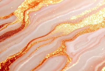 The primary subject of the image is a close-up of a marbled surface with gold glitter. The setting is a white background, and the visual style appears to be a photo. The dominant colors are gold and white, creating a warm and luxurious atmosphere.