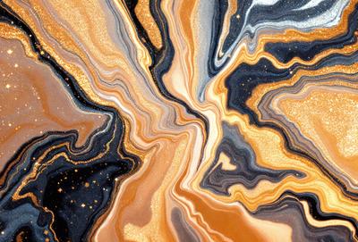 The primary subject of the image is a close-up of a marbled surface, which appears to be a piece of art or a decorative item. The setting is a dark background, which contrasts with the marbled surface. The visual style is a combination of a photo and a digital art, illustration, or drawing. The colors and mood of the image are predominantly dark, with the marbled surface being the main focus and source of visual interest.
