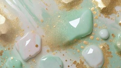 The primary subject of the image is a close-up of a green and gold colored substance, possibly a glaze or a paint, with gold glitter mixed in. The setting is a table, and the visual style appears to be a combination of a photo and digital art. The colors and mood of the image are vibrant and lively, with the green and gold colors creating a sense of freshness and warmth.
