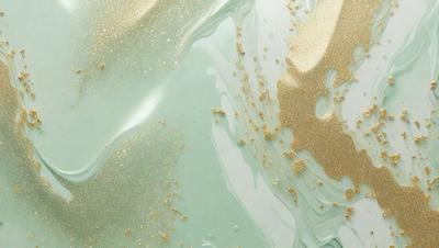The primary subject of the image is a close-up of a green and gold surface, possibly a wall or a piece of art. The setting appears to be a beach, as there are sand particles visible on the surface. The visual style of the image is a mix of photo and digital art, creating a unique and intriguing appearance. The dominant colors in the image are green and gold, giving it a warm and inviting atmosphere.