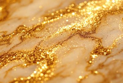 The primary subject of the image is a close-up of a gold glittery surface, possibly a wall or a piece of fabric. The setting appears to be a room with a marble-like texture. The visual style of the image is a close-up of the gold glitter, which gives it a unique and eye-catching appearance. The colors and mood of the image are predominantly gold and glittery, creating a warm and shiny atmosphere.
