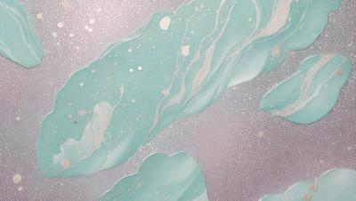 The primary subject of the image is a blue and white painting featuring a water-like surface with a few droplets of paint. The setting is a canvas, and the visual style is a painting. The dominant colors are blue and white, creating a calm and serene atmosphere.