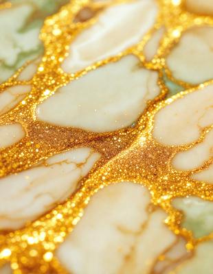 The primary subject of the image is a marble-like surface with a gold-like pattern. The setting is a white marble-like surface, and the visual style appears to be a combination of a photo and digital art. The colors and mood of the image are predominantly gold and white, creating a warm and elegant atmosphere.