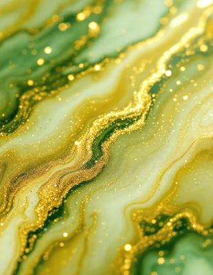 The primary subject of the image is a close-up of a green and gold marbled stone. The setting is a natural environment, with the stone being the main object of focus. The visual style is a close-up of the stone, showcasing its unique pattern and texture. The colors and mood of the image are predominantly green and gold, creating a warm and natural atmosphere.