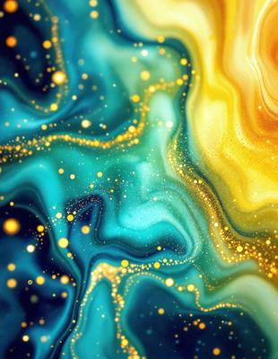 The primary subject of the image is a vibrant and colorful painting featuring a mix of blue, yellow, and orange hues. The painting is set against a blue background, creating a striking contrast. The visual style of the painting appears to be a combination of digital art and illustration, with a focus on intricate patterns and textures. The overall atmosphere of the painting is lively and energetic, capturing the viewer's attention with its vivid colors and dynamic composition.