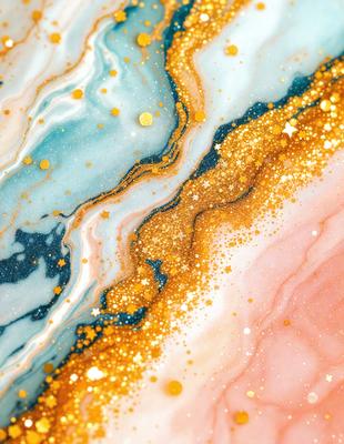 The primary subject of the image is a close-up of a colorful, swirling pattern with gold and blue hues. The setting appears to be a marbled surface, possibly a wall or a table. The visual style of the image is a combination of digital art and illustration, creating a vibrant and eye-catching pattern. The dominant colors in the image are gold and blue, giving it a warm and inviting atmosphere.