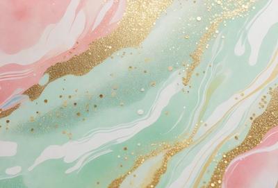 The primary subject of the image is a painting featuring a colorful design with gold and pink hues. The setting is a white background, and the visual style appears to be a combination of digital art and illustration. The painting has a vibrant and lively atmosphere, with the gold and pink colors creating a sense of warmth and elegance.