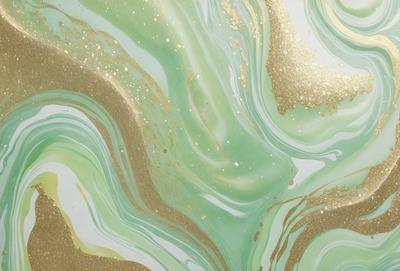 The primary subject of the image is a green and gold swirl pattern, which appears to be a digital art or illustration. The setting is a wall, and the visual style is a combination of digital art and illustration. The dominant colors are green and gold, creating a lively and vibrant atmosphere.