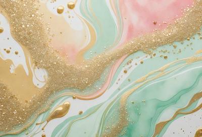 The primary subject of the image is a painting featuring a mix of colors, including gold, pink, green, and yellow. The painting is set on a white surface, which provides a clean and contrasting backdrop. The visual style of the painting appears to be a combination of digital art and illustration, creating a unique and eye-catching piece. The dominant colors and overall atmosphere of the painting evoke a sense of creativity and artistic expression.
